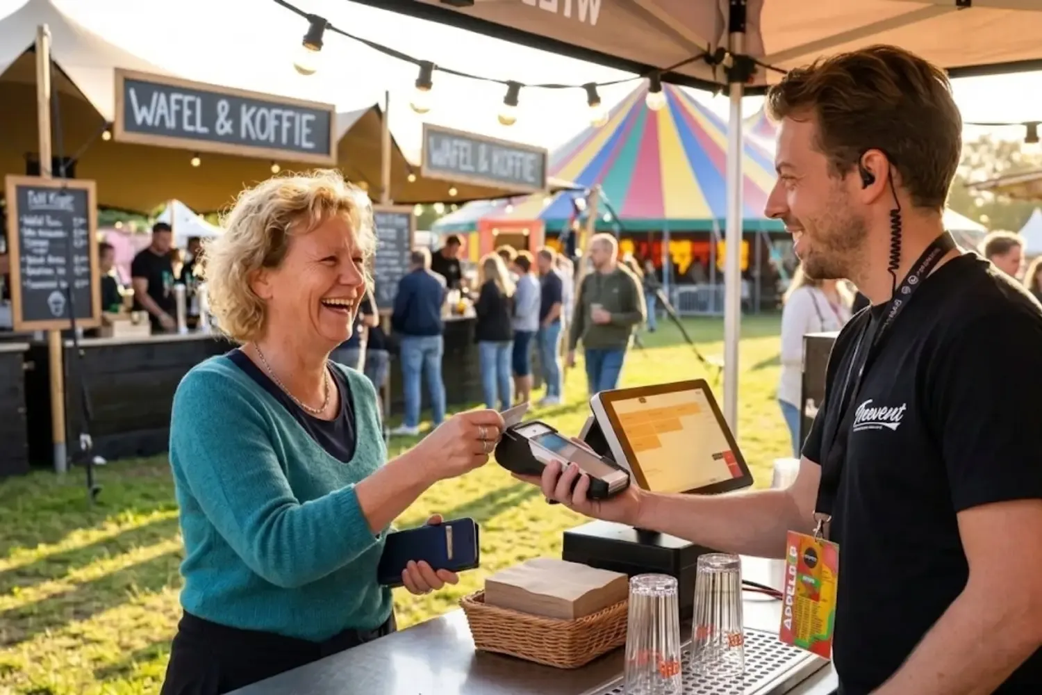 Festivalbezoeker pint bij een Treevent-kassa aan een foodstand